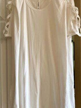 Zenana Women’s White Short Sleeve Tee with Ladder Shoulder Detail . Long back